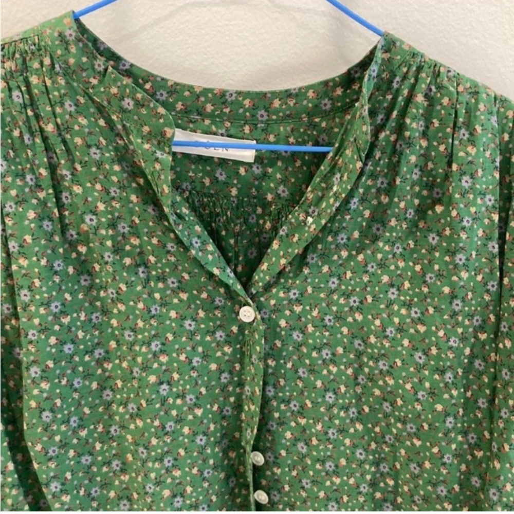 Doen Green Boxy 3/4 Sleeve Blouse with Mandarin Collar - O'Keefe Top. Size M. - Picture 2 of 5